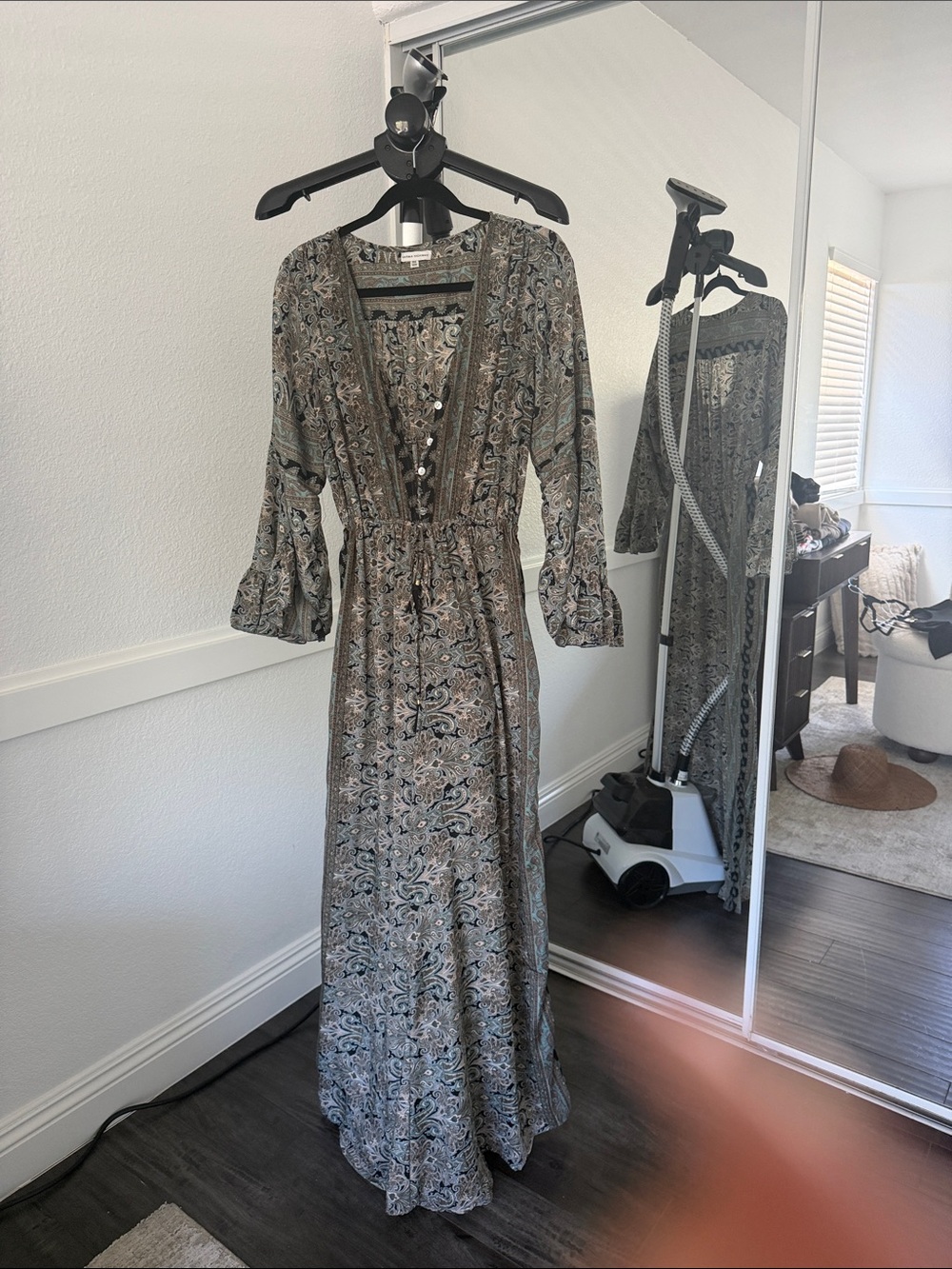 Paisley V-Neck Maxi Dress in Sage and Taupe